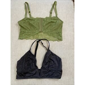 Auden Bralette M Unpadded Plunge Lot 2 Black Sparkle Green Lace No Wire Comfort